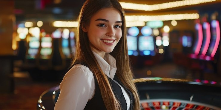 Live dealer casino table with roulette wheel and live chat interface
